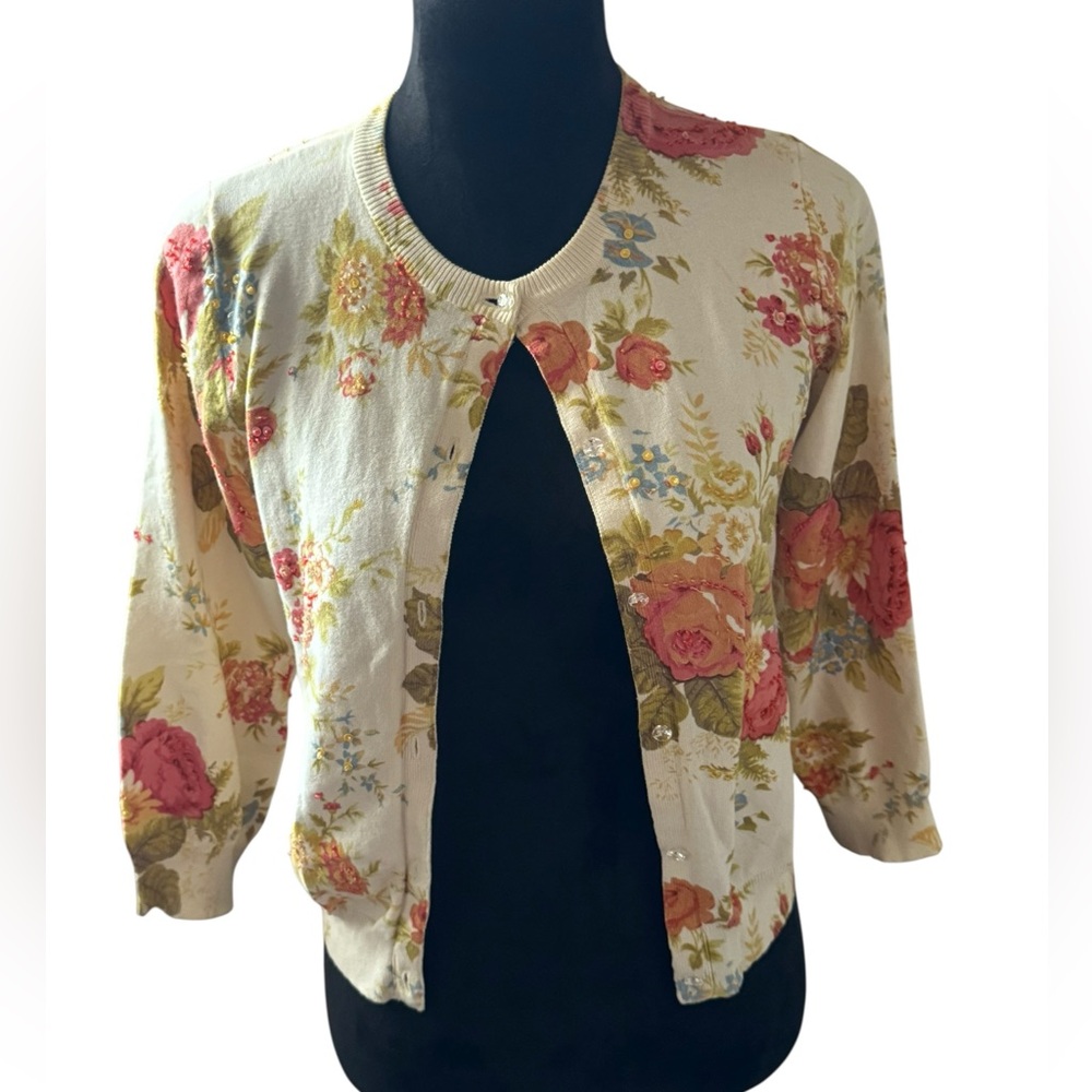 Liz Claiborne Floral Cream beaded cardigan sweater 3/4 sleeves Sz S